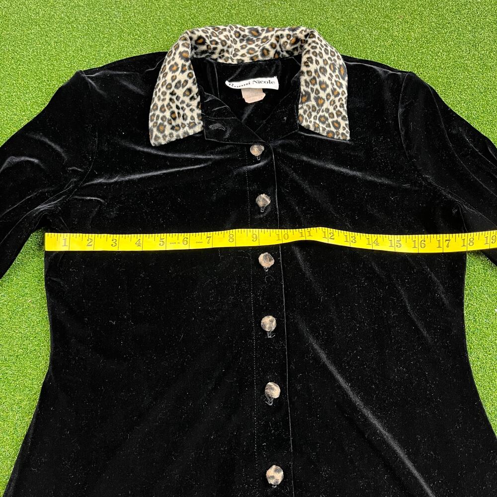 Vintage 90s Ronni Nicole Leopard Trim Black Velvet Shirt Dress Sz 10 - Picture 4 of 6